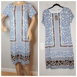 NWT J. Jill Stretch Short Sleeve Knee Length blue white brown dress size small